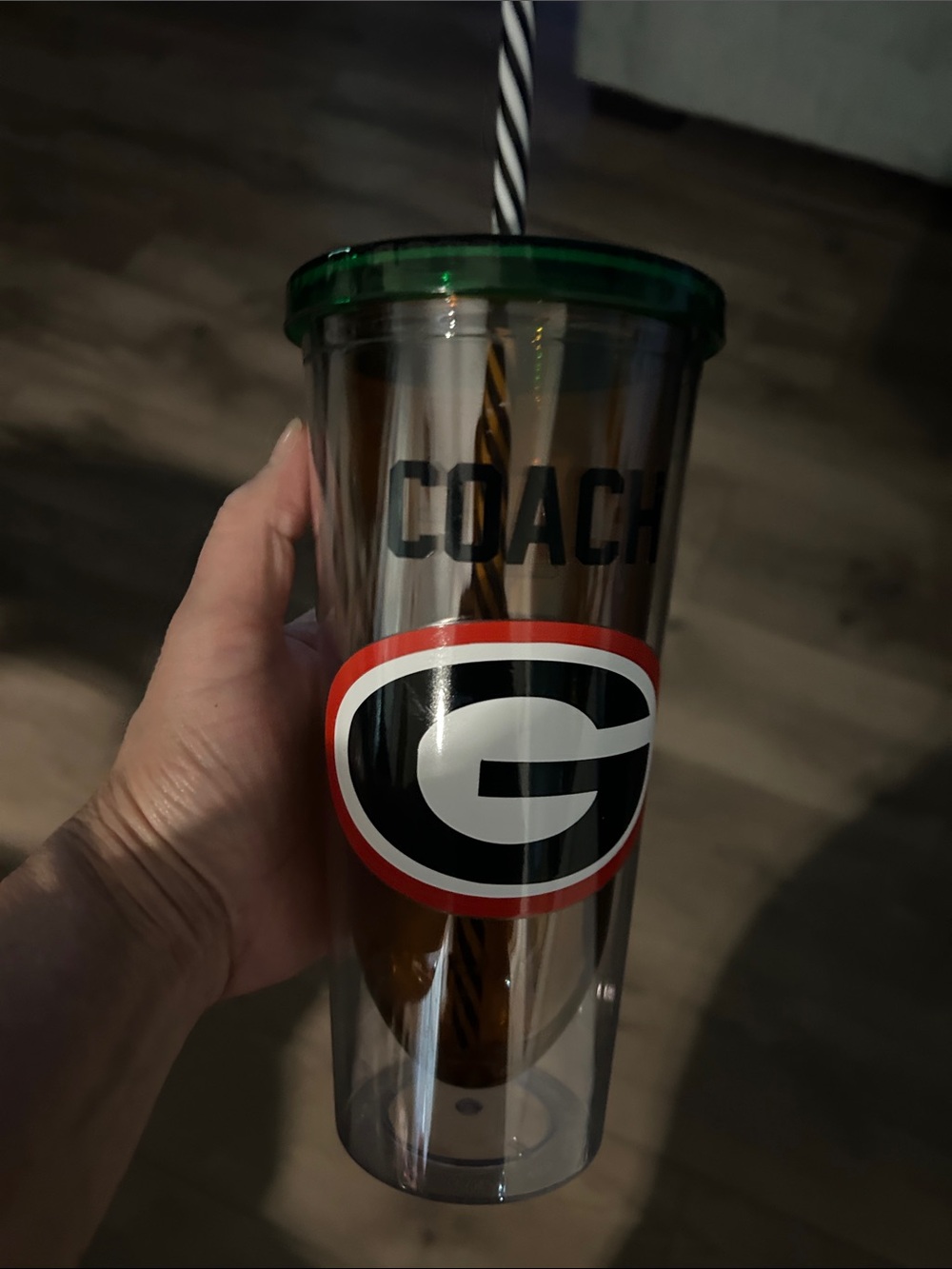 Coach Clear Tumbler with Green Lid and Red-Black Logo